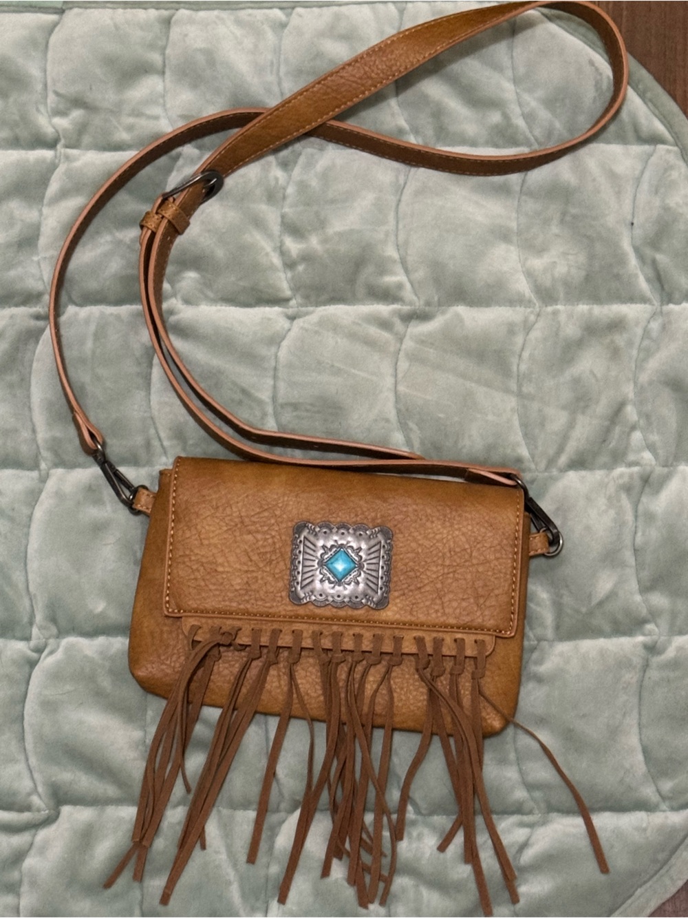 Wrangler Tan Fringe Crossbody with Turquoise Accent